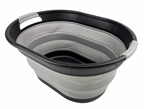 SAMMART Ovaler Wäschekorb aus Kunststoff, 28 l, faltbar, Pop-Up-Aufbewahrungsbehälter/Organizer, tragbar, platzsparend (Schwarz/Legierungsgrau)
