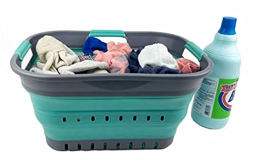 SAMMART Faltbarer Super Mini-Wäschekorb aus Kunststoff, mit 3 Griffen, 19 l, faltbar, Pop-Up-Aufbewahrungsbehälter/Organizer, platzsparender Wäschekorb (Grau/Türkisblau)