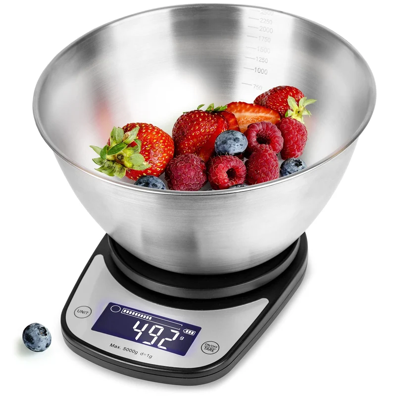 Duronic KS5000 BK/SS Küchenwaage | 5 kg Digitalwaage oval mit 2,5 L abnehmbarer Schüssel | 1 g grammgenau Präzision-Feinwaage | Haushaltswaage mit Tara-Funktion | Digitale Waage mit Hold-Funktion