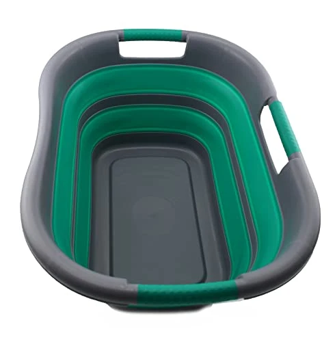 SAMMART Wäschekorb, faltbar, Kunststoff, 30 l, faltbar, Pop-Up-Aufbewahrungsbehälter/Organizer – tragbare Waschwanne – platzsparender Wäschekorb (Dunkelgrau/Blaugrün)