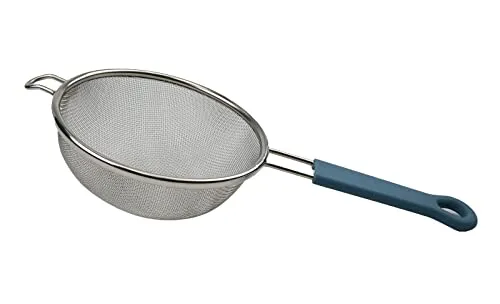 SAMMART 15 cm Edelstahlsieb mit stahlblauem Silikongriff – rundes Sieb mit breiterem Reifen