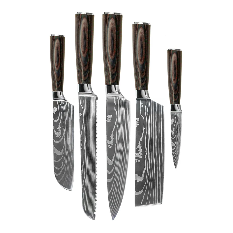 Shinrai Knives – 5-teiliges Messerset mit Damaszener-Print – Kochmesser + Brotmesser + Nakiri + kleines Santoku + Schälmesser