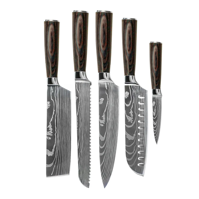 Shinrai Knives – 5-teiliges Messerset mit Damaskus-Druck – Kochmesser + Brotmesser + Nakiri + Santoku + Schälmesser
