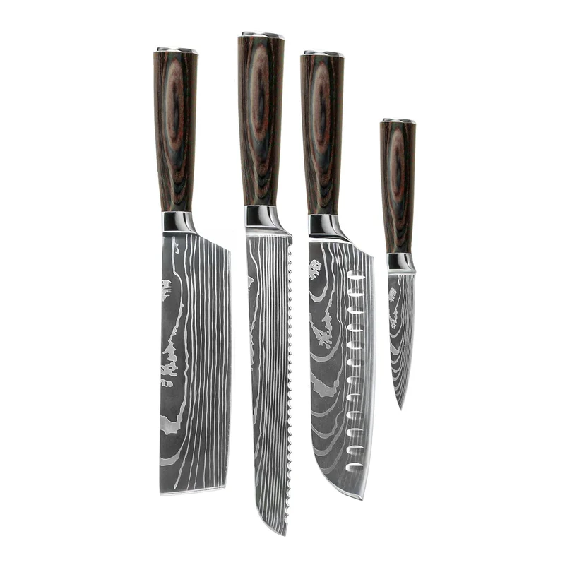 Shinrai Knives - 4-teiliges Messerset mit Damaszener-Print - Santoku + Brotmesser + Nakiri + Schälmesser