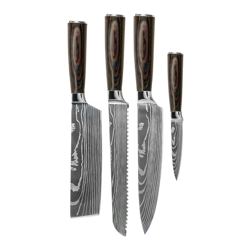 Shinrai Knives - Damascus Print 4-teiliges Messerset - Kochmesser + Brotmesser + Nakiri + Schälmesser