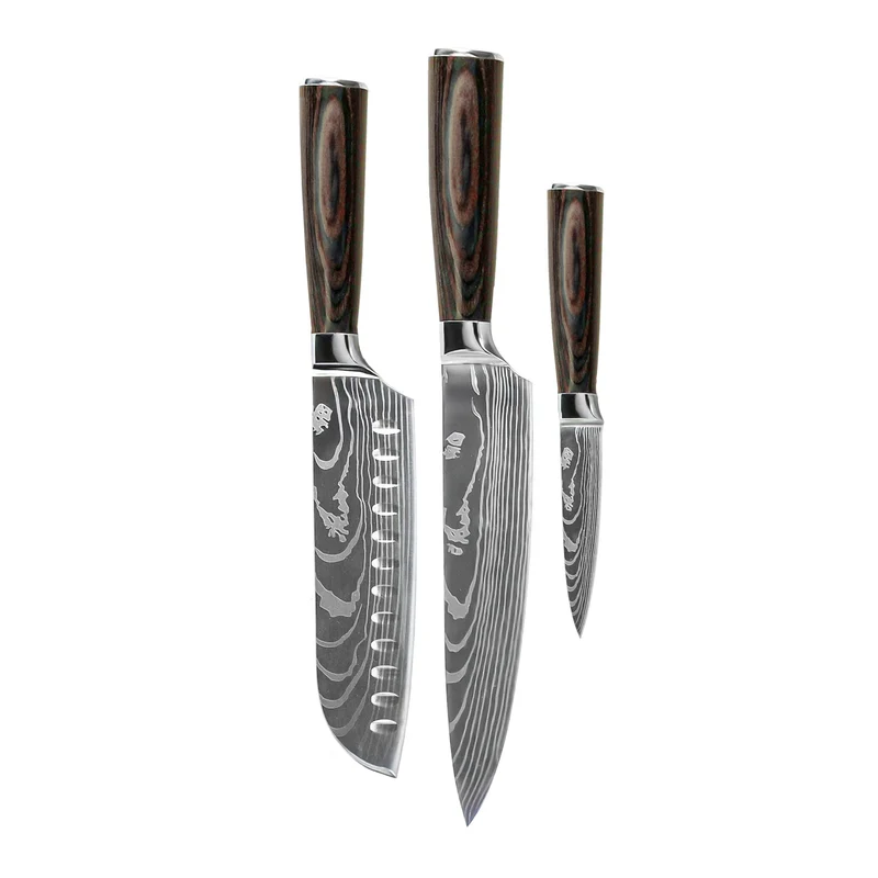 Shinrai Knives – 3-teiliges Messerset mit Damaszener-Print – Kochmesser + Santoku + Schälmesser