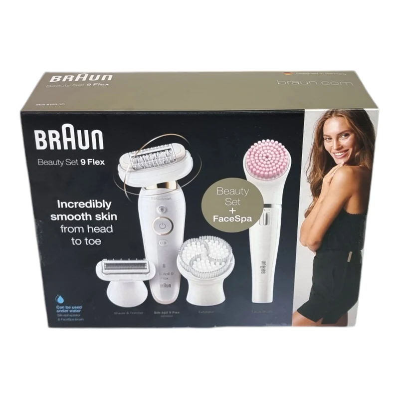 BRAUN Silk-épil 9 Flex 9-100 Beauty-Set Epilierer Damen / Haarentferner + FaceSpa Gesichtsreinigungsbürste + 9 Aufsätze + Tasche weiß / gold