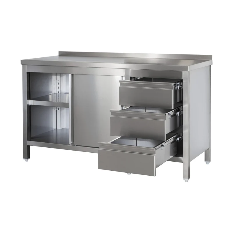 Edelstahl Arbeitsschrank mit Aufkantung, Schubladenblock rechts, Türen und höhenverstellbaren Zwischenboden – Bautiefe 700mm – AISI 304 – Breite 2100 mm