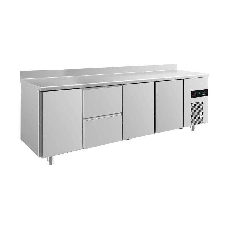Kühltisch -2 bis +8°C 2330x700x850mm mit 3x Türen und 1x zwei Schubladen u. Aufkantung – Art.-Nr. KT4TZTTA