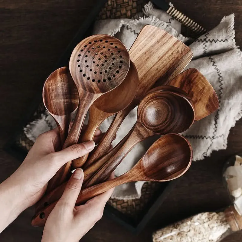 EARTHCRAFT – Premium Teak Wood Kitchen Utensil Set with Spatula and Serving Spoons for Natural Cooking