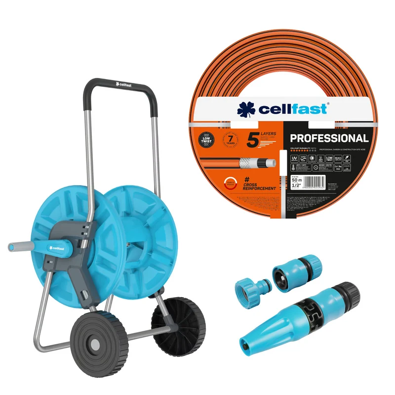 Cellfast Aluplus Schlauchwagen 1/2" 60 m + Cellfast Gartenschlauch PROFESSIONAL 1/2" 50 m + Set mit Cellfast Basic Sprühkopf 1/2"
