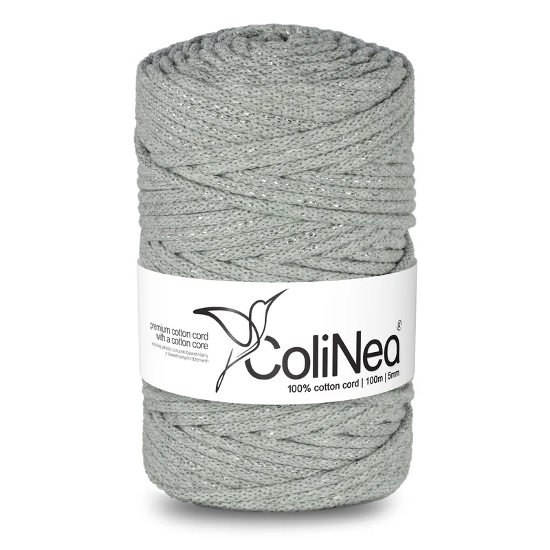 ColiNea, Baumwollkordel mit Baumwollkern, geflochten, 5mm, 100m, grau mit Silberfaden