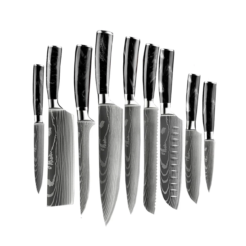 Shinrai Knives – 9-teiliges Messerset mit Damaszener-Print und Onyx-Epoxid