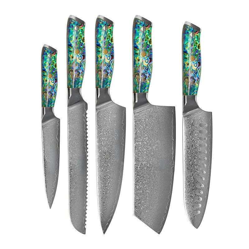Shinrai Knives – 5-teiliges Damast-Messerset der Serie Mother of Pearl Jewels