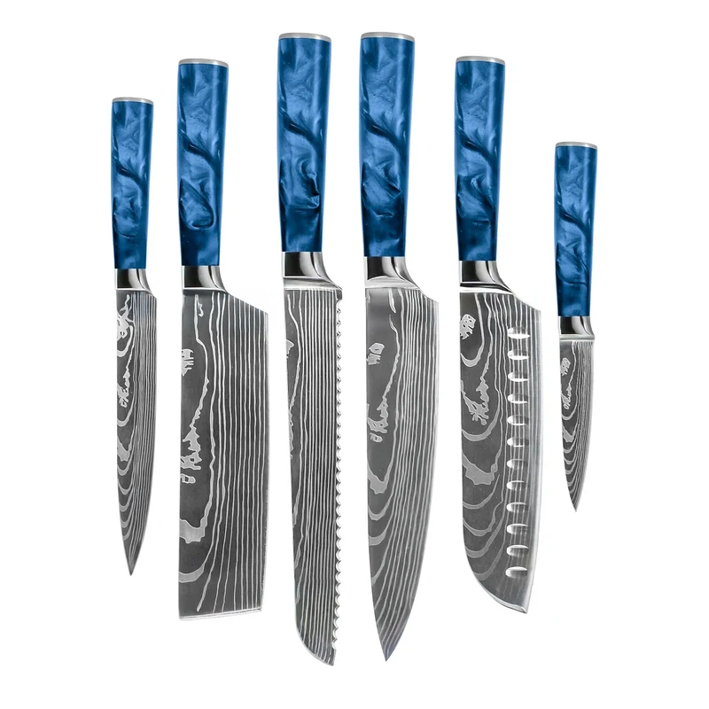 Shinrai Knives - Damascus Druck Epoxy Saphir - 6-teiliges Messerset