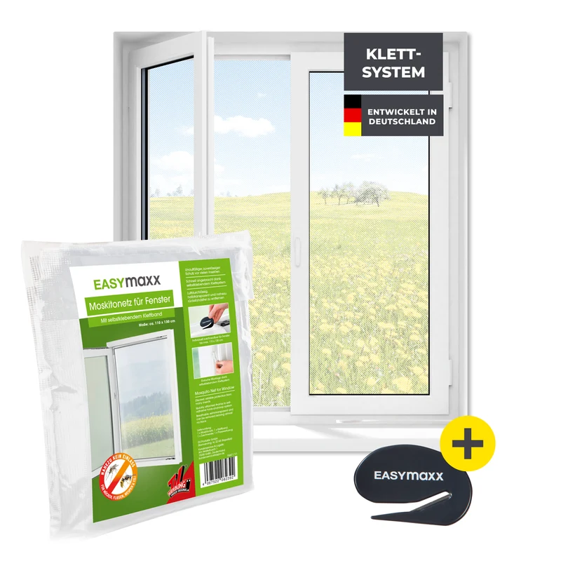EASYmaxx Moskitonetz für Fenster bis 110 x 130 cm - selbstklebendes Klettband