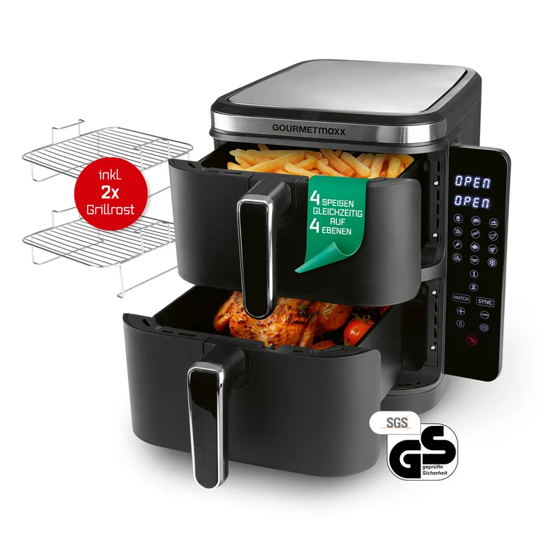 GOURMETmaxx FryUp Vertikale Doppelkammer-Heißluftfritteuse - 4 Ebenen - 10 Liter