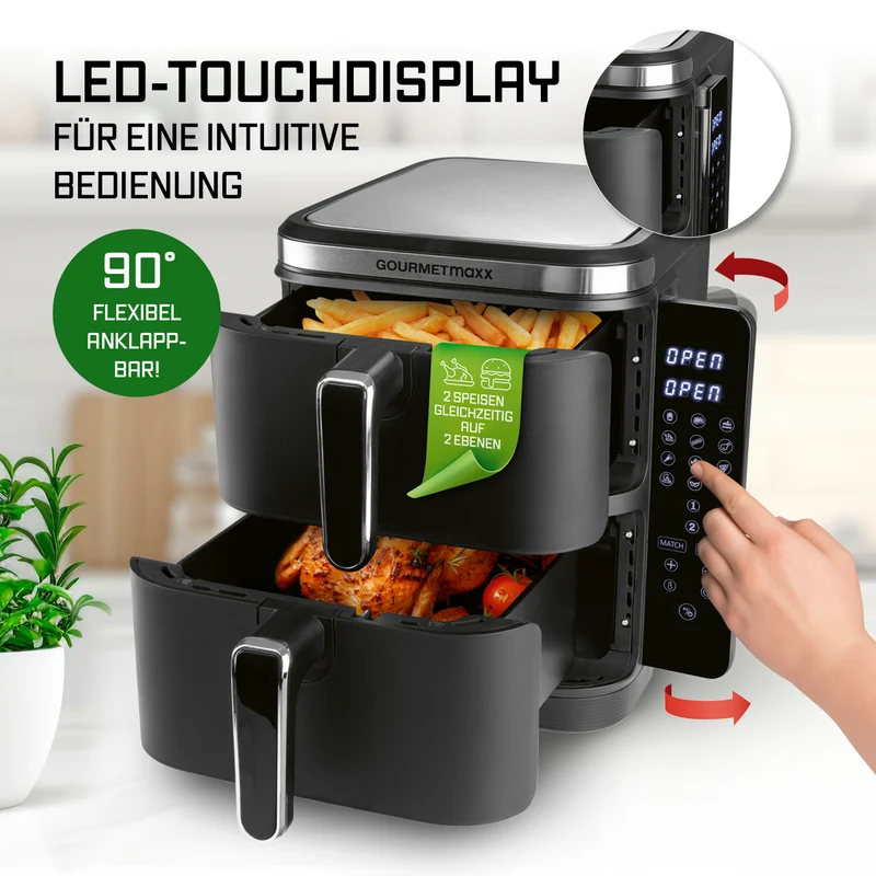 GOURMETmaxx FryUp Vertikale Doppelkammer-Heißluftfritteuse - 10 L - 2800 Watt
