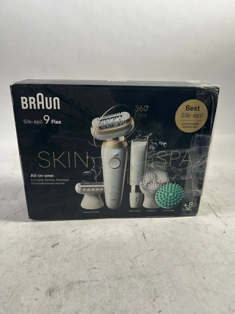 BRAUN Silk-épil 9 Flex 9-100 Beauty-Set Epilierer Damen / Haarentferner + FaceSpa Gesichtsreinigungsbürste + 9 Aufsätze + Tasche weiß / gold - Neuwertig