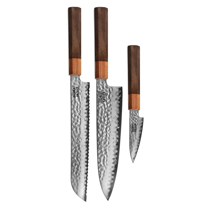 Shinrai Knives – Exklusives Kigami Damast-3-teiliges Set – Kochmesser + Brotmesser + Schälmesser