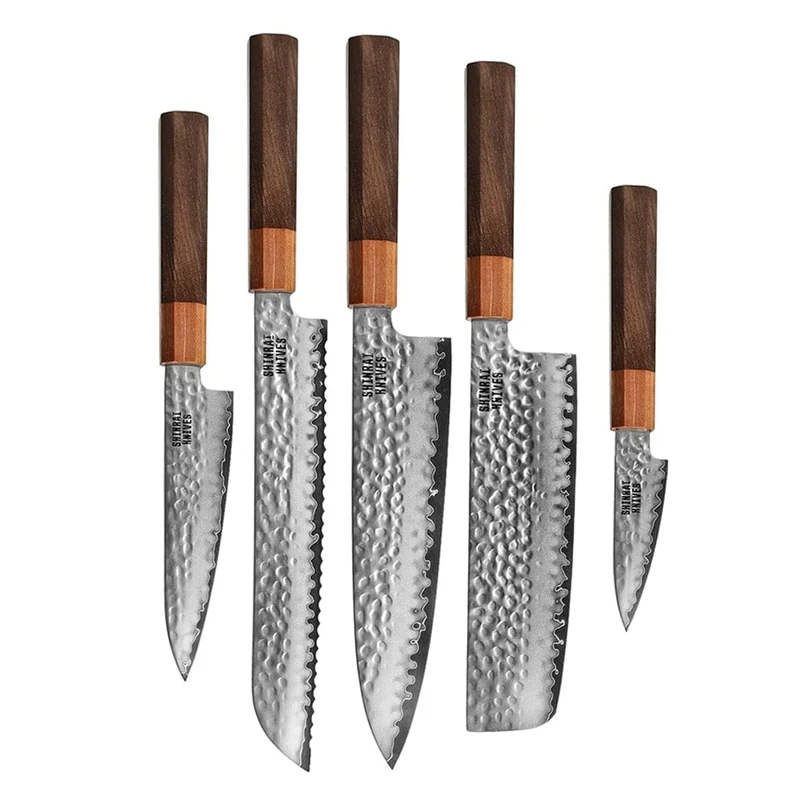 Shinrai Knives – Kigami Exclusive Damascus 5-teiliges Set – Kochmesser + Brotmesser + Nakiri + Büromesser + Schälmesser