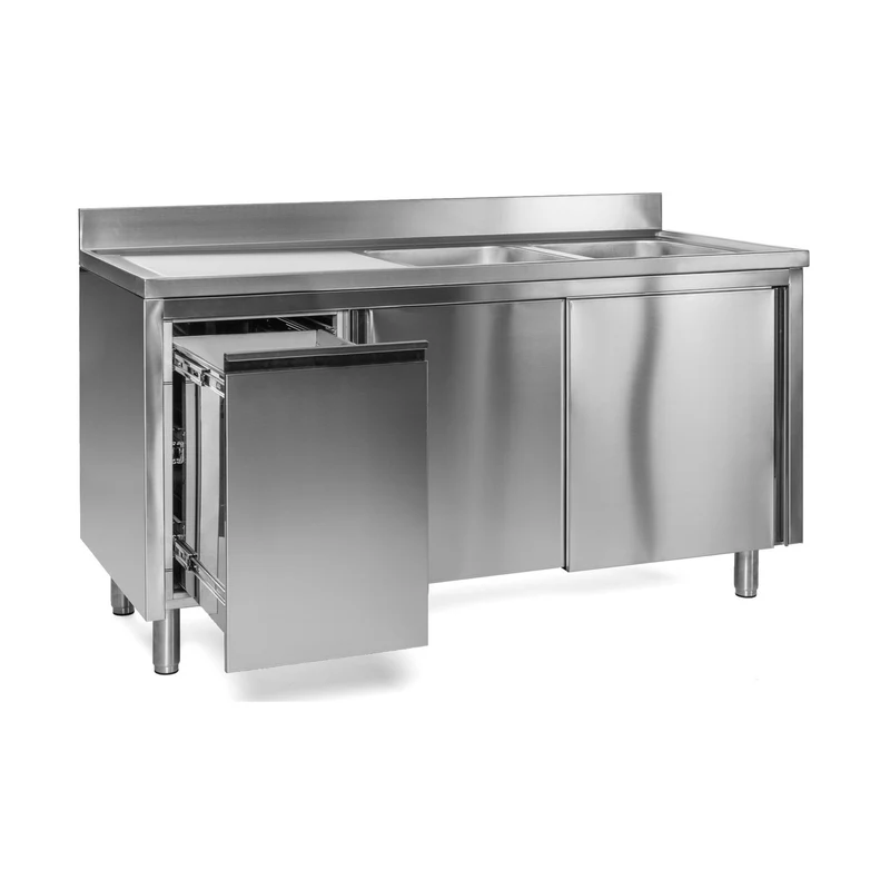 Spülschrank mit Abfallbehälter, 2 Becken rechts, Bautiefe 700 mm – 1600x700x850 mm