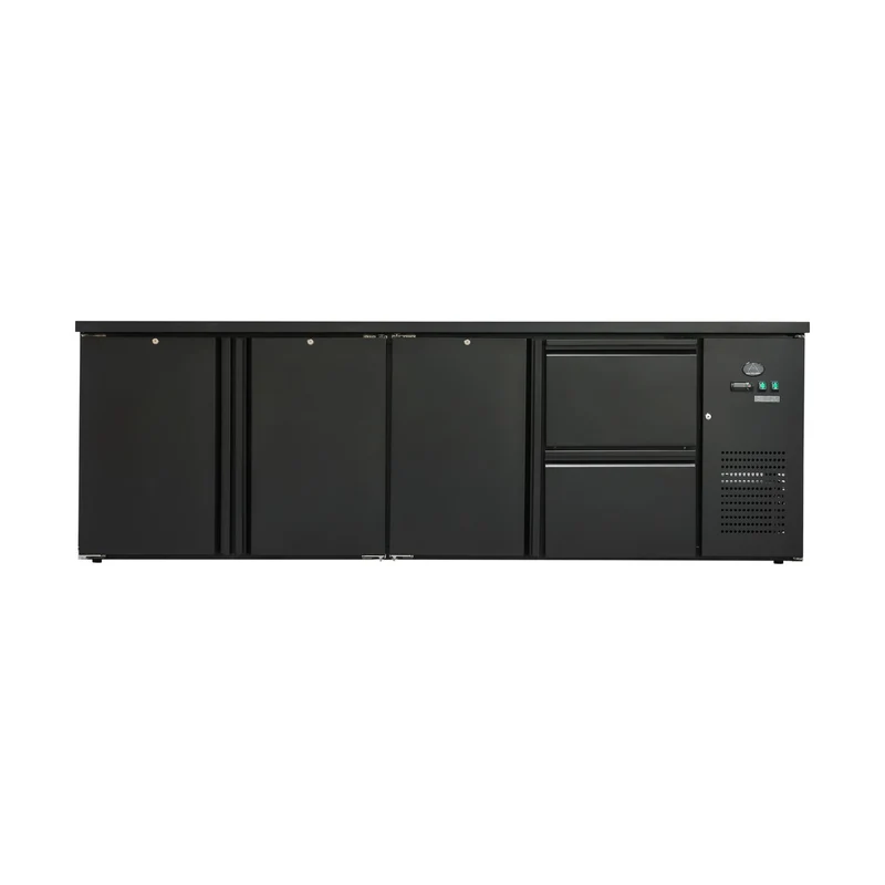 Flaschenkühltisch 600 Liter – Schwarz – 3 Türen + 2 Schubladen – 2545 x 520 x 840 mm