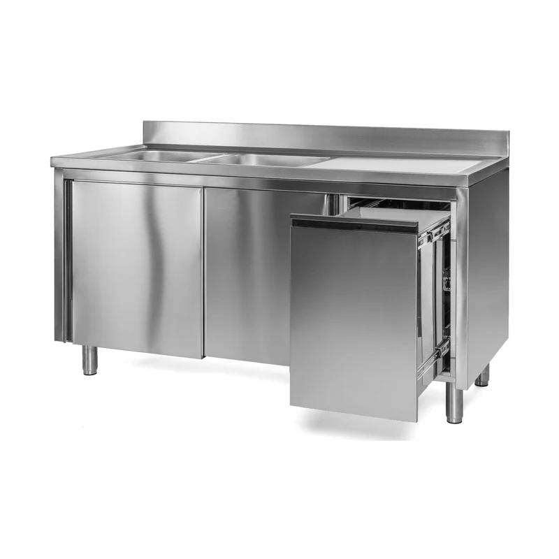 Spülschrank mit Abfallbehälter, 2 Becken links, Bautiefe 700 mm – 1800x700x850 mm
