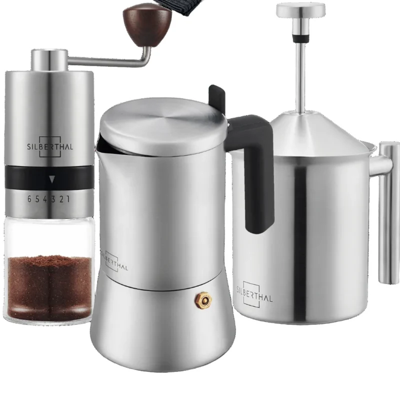 Espressokocher-Set | 3-teilig mit manueller Kaffeemühle, Milchaufschäumer und Zubehör für bis zu 6 Tassen