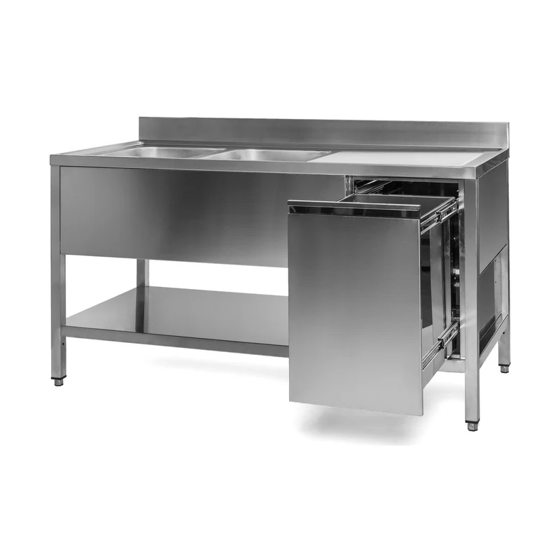 Spültisch mit Abfallbehälter, 2 Becken links, Bautiefe 700 mm – 1400x700x850 mm