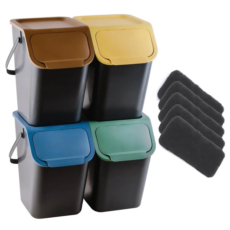 4er-Set schwarzer BINI-Mülltrennbehälter mit farbigen Deckeln (gelb/grün/blau/braun) + 5 Stück Aktivkohlefilter