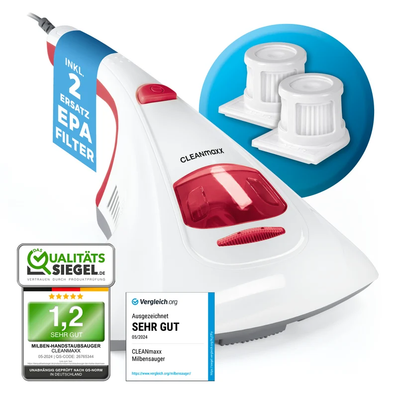 CLEANmaxx Milbensauger Vibration - entfernt 99,9 % Milben - 2 Ersatz-EPA-Filter - Weiß/Rot