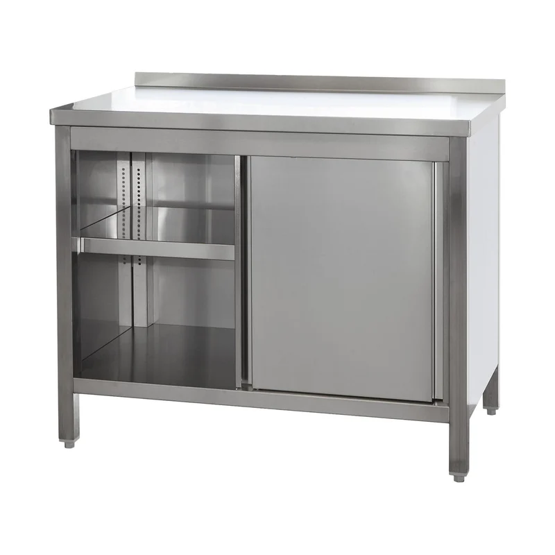 Edelstahl Arbeitsschrank mit Aufkantung, Türen und höhenverstellbaren Zwischenboden – Bautiefe 700mm – AISI 304 – Breite 1100 mm