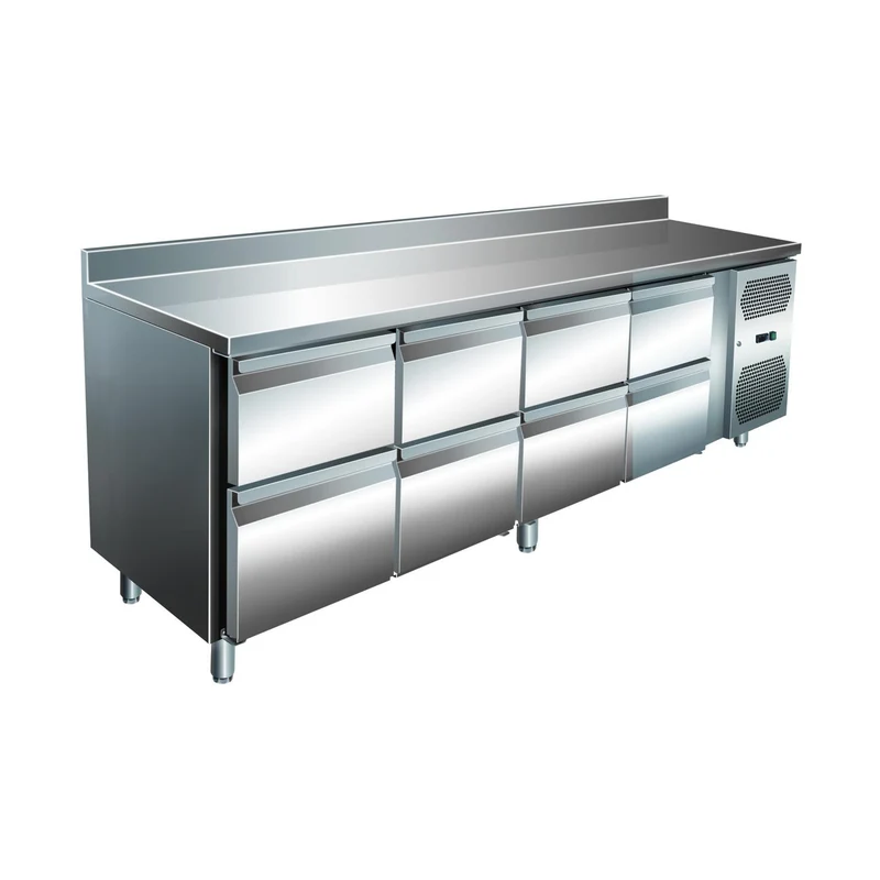 VIP Kühltisch mit 4x 2 Schubladen und Aufkantung -2 bis +8°C 2.230x600x960 mm