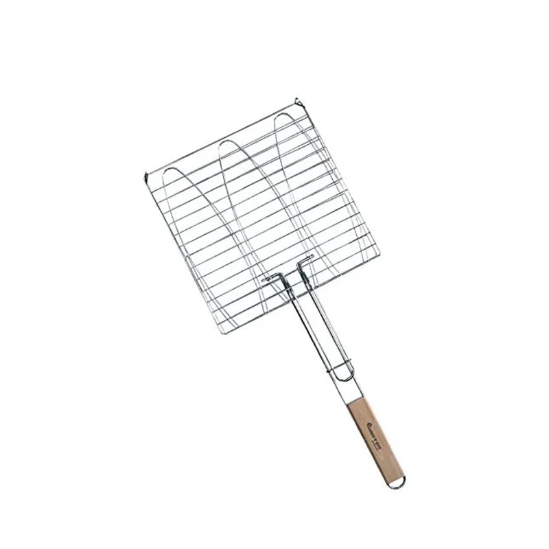 3er Fischbräter 28x28cm Fischgriller Fischzange Grillkorb Grillwender Fischhalter Grillaufsatz mit Holzgriff Stahl verchromt
