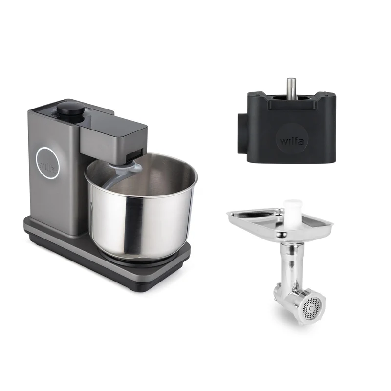 Wilfa Küchenmaschine Probaker KM1GY-70 grau + Tool Adapter + Messerschmidt Edelstahlfleischwolf
