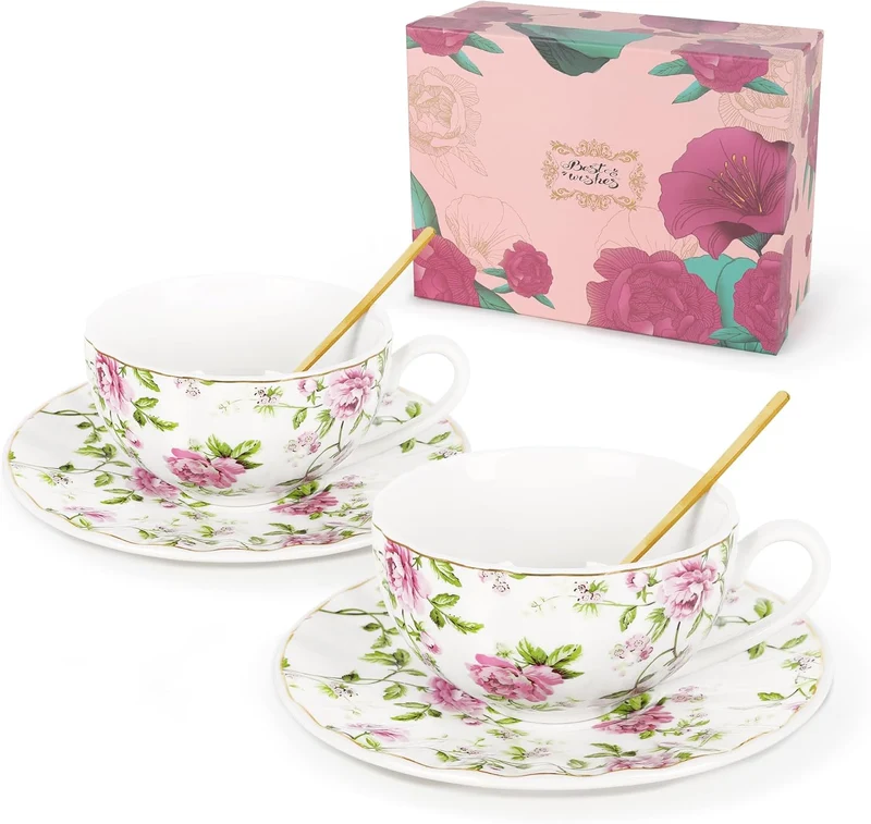 Teetassen Set 2er – Vintage Floral Blumen Porzellan Tassen & Untertassen mit Löffel, 200 ml