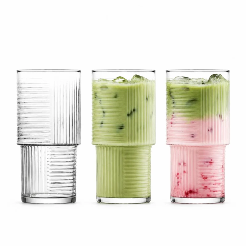 Vienberg Geometri Trinkgläser 400 ml, geriffelte Matcha Gläser für Eiskaffee, Cocktails, Säfte und Wasser, stapelbar, 3er oder 6er Set