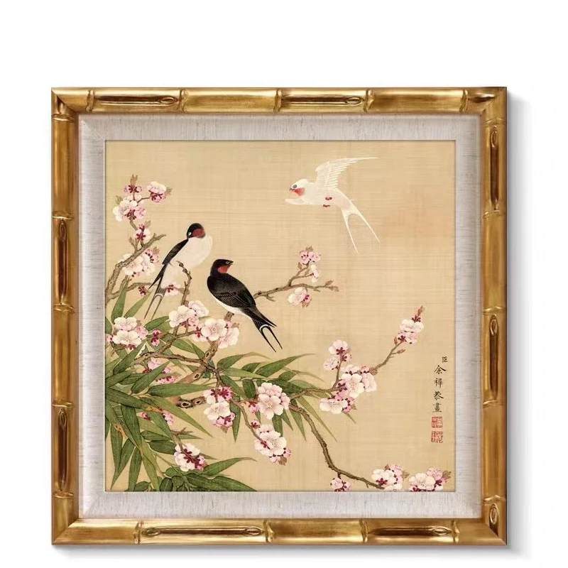 Gerahmtes, asiatisch inspiriertes Blumen-Vogel-Kunstwerk