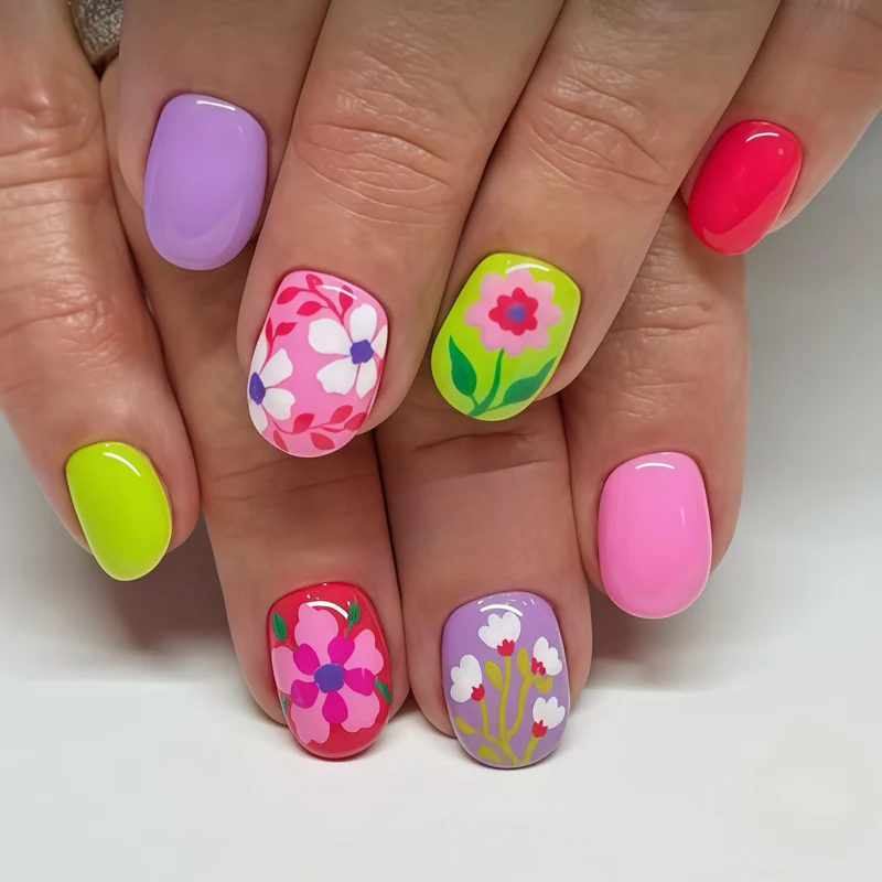 Kreatives Nagelkunst Set mit farbenfrohen floralen Designs Karnz