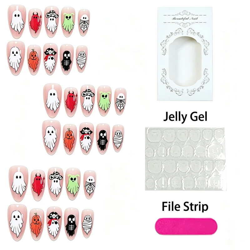 Halloween Nagelkunst Set mit kreativen Geisterdesigns Karnz