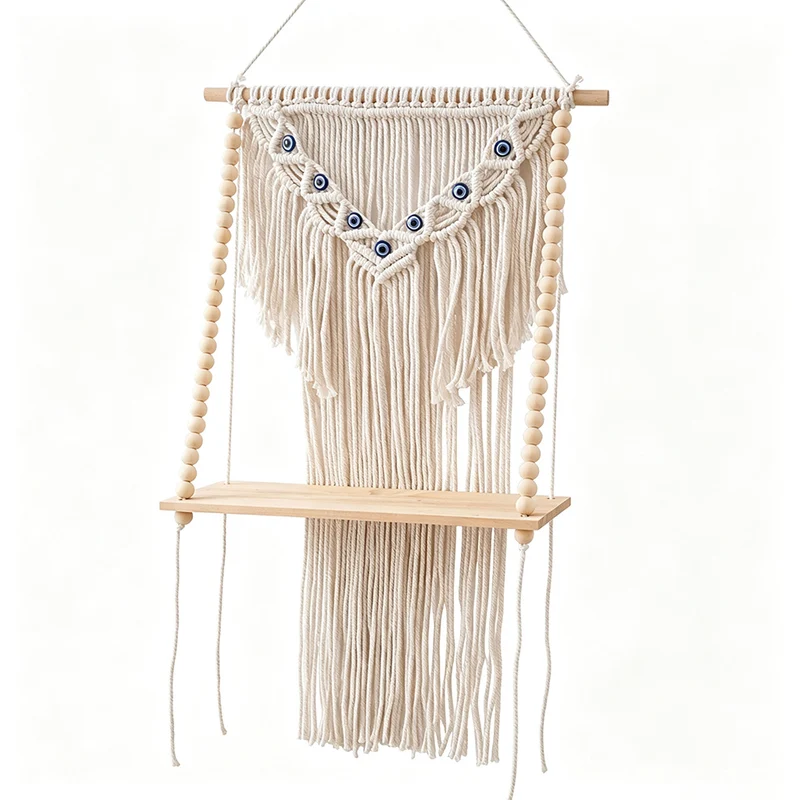 Macrame Wandregal mit dekorativen Perlen Karnz