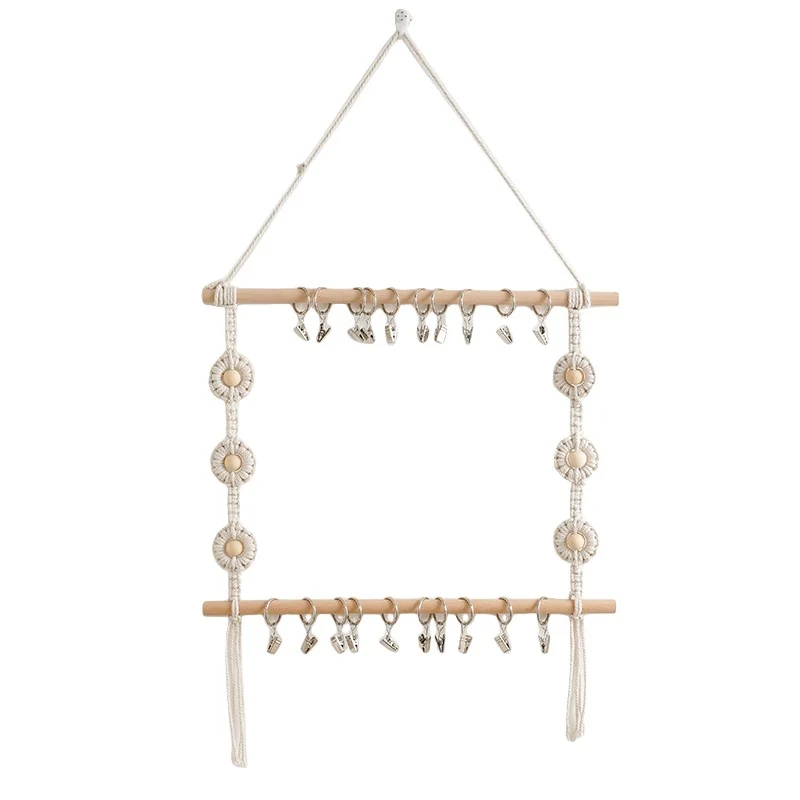 Macrame Wandhängender Organizer mit dekorativen Clips Karnz