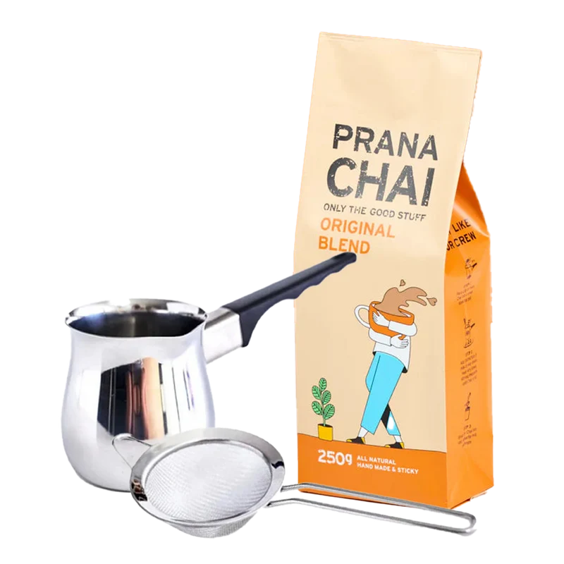 Prana Chai Starter Kit - 250g Masala Blend Prana Chai Tee, Pot & Sieb