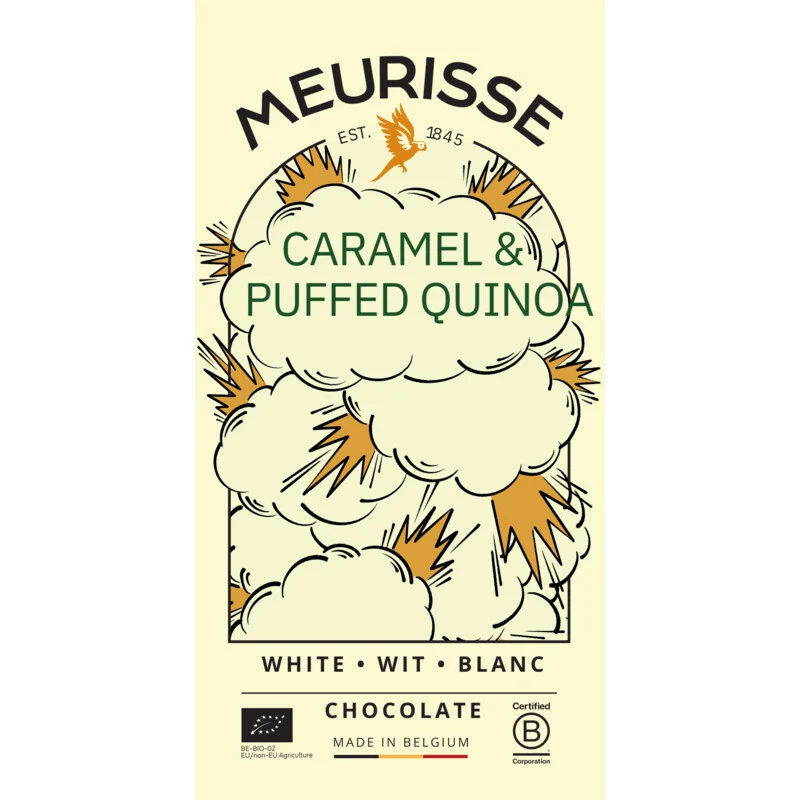 Weiße Schokolade mit gepufftem Quinoa und Karamell - 100 g