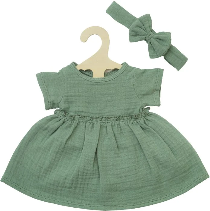 Musselin-Puppenkleid aus 100 % Bio-Baumwolle mit Rüschen und Haarband, salbeigrün, 2-teilig, Gr. 35-45 cm