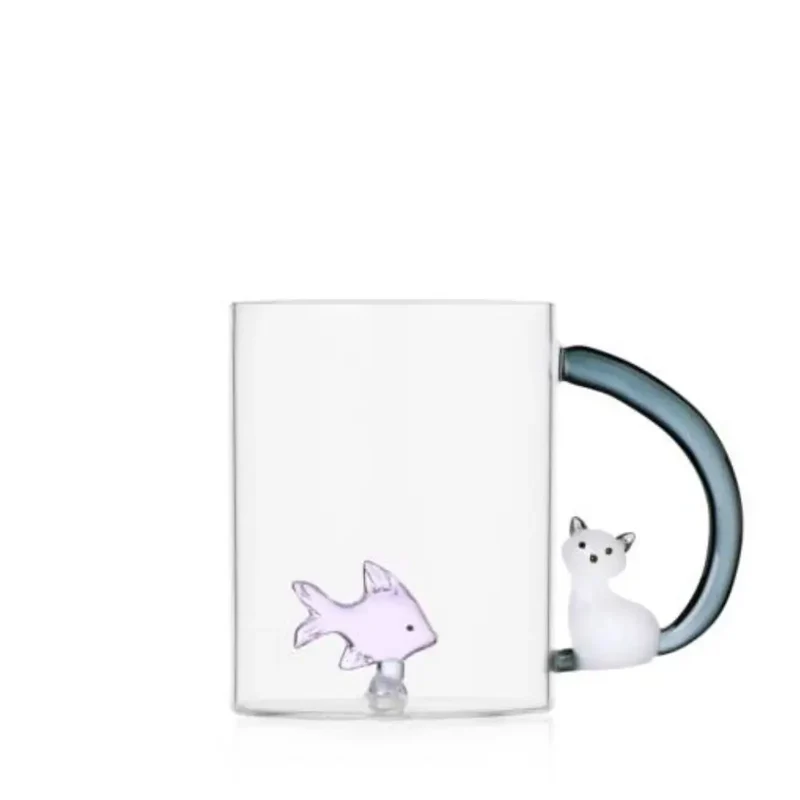 Ichendorf Tabby Cat mug pink fish & white cat with smoke tail