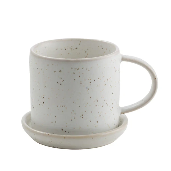 Kleine Tasse mit Untersetzer - weiß gesprenkelt