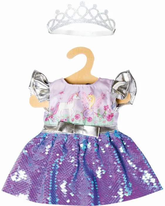 Puppen-Kleid Fee und Einhorn mit Wendepailletten und silberner Krone, Gr. 35-45 cm