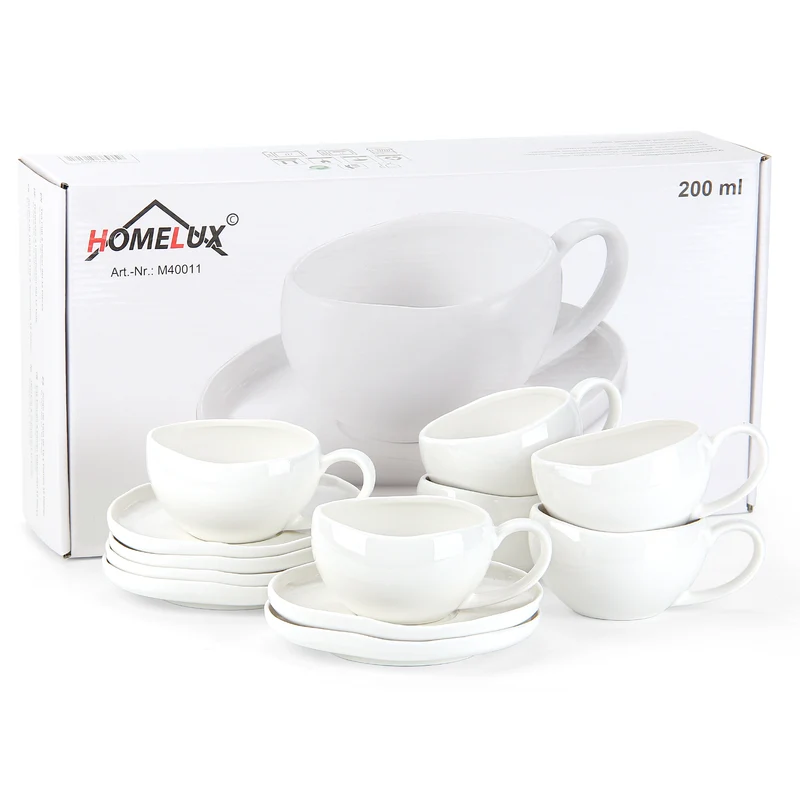 6-teiliges Keramik Cappuccinotassen Set mit Untertassen (200ml), gewelltes Design, Weiß/Creme, spülmaschinen- & mikrowellenfest